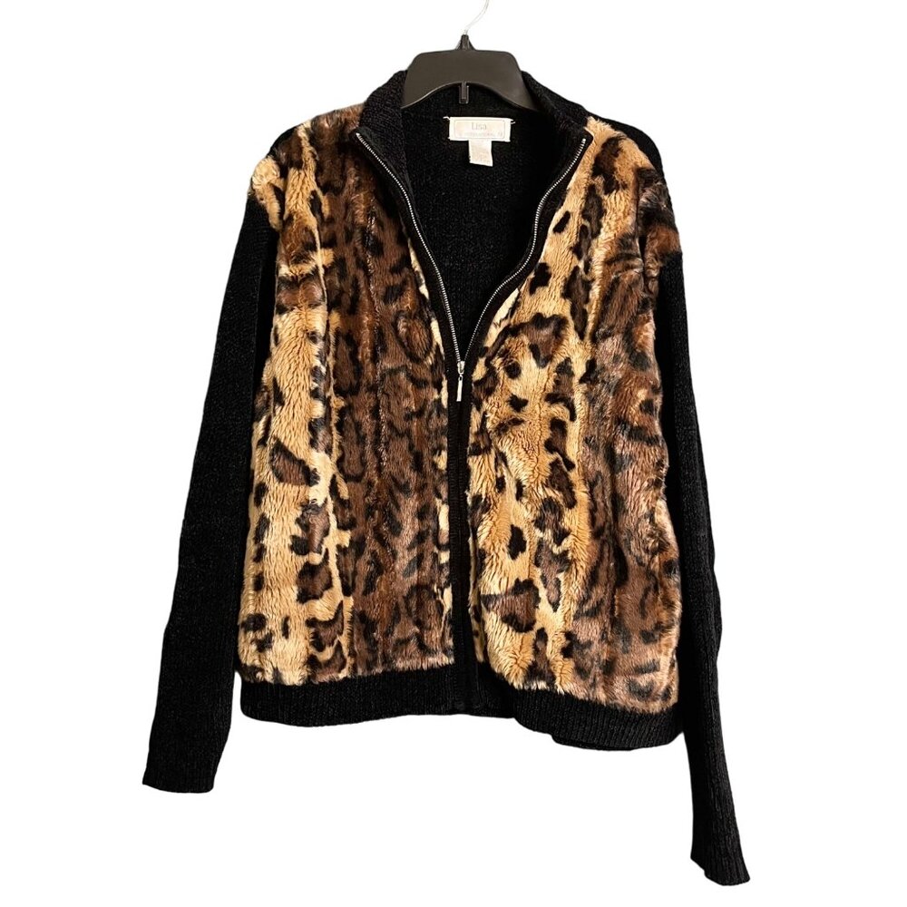 Lisa International Chenille Zip Front Faux Fur Cardigan Leopard Cheetah Size XL